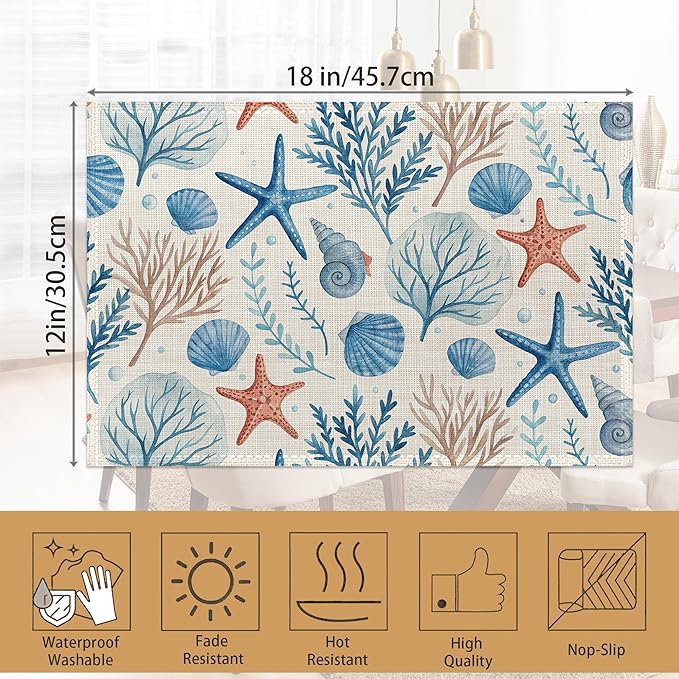 Placemats12x18 Inch,Beach Seashell Placemats,Coral Starfish Kitchen Dining Coffee Table Mats Set of 6 for Home Indoor Outdoor Party