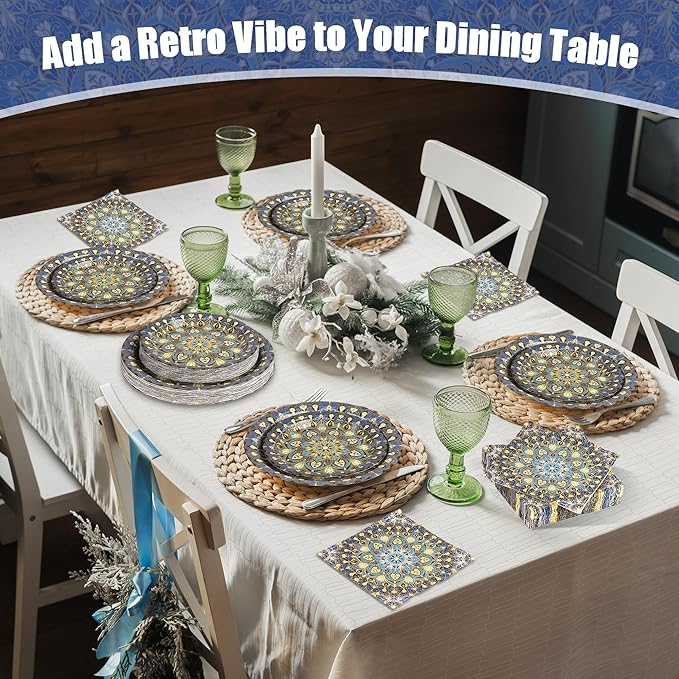 Kochorie 100 Pieces Bohemian Style Paper Plates and Napkins Set Vintage Bohemian Decorative Paper Plates (25 x 7 Inch & 25 x 9 Inch) Boho Tableware Set for Daily Use Party Kitchen Wedding Decor