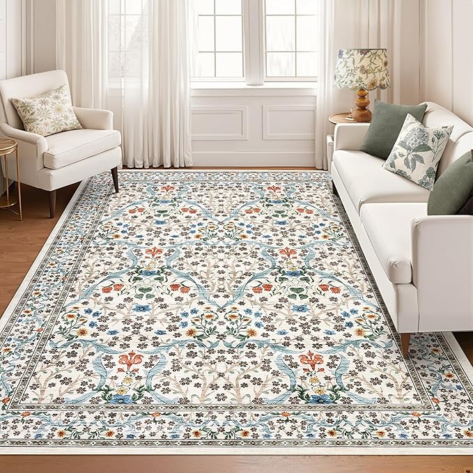 GarveeHome 8x10 Area Rugs, Washable Rugs for Living Room Non Slip Stain Resistant Ultra Soft Floral Rug, Boho Carpet Floor Mat for Bedroom Dining Room Nursery Playroom Office, Beige