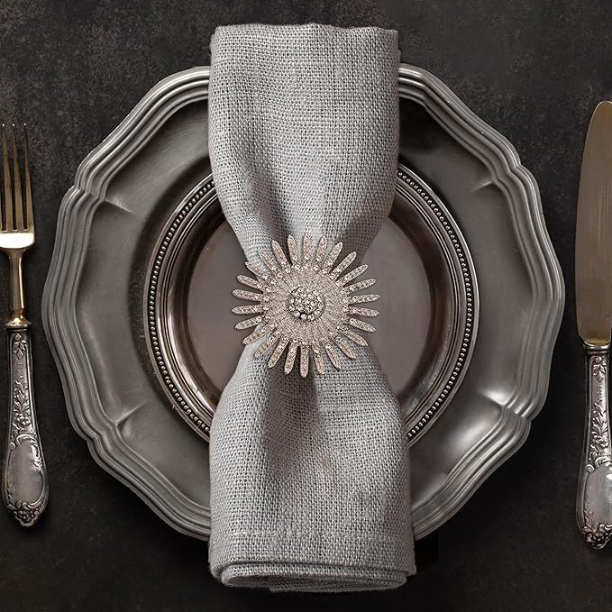 Decozen Set of 12 Silver Napkin Rings in Elegant Stone, Festive, Table Decor Setting for Holiday, Wedding, Birthday, Kitchen, Home Decor, Housewarming Gift - Mothers Day Decorations