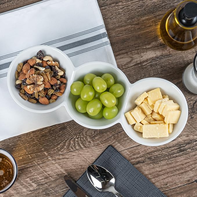 Restaurantware-13.4 x 4.9 x 2.3 Inch Triple Dip Bowls, 1 Microwavable Condiment Server - 3 Compartments, Microwavable, White Porcelain Dip Tray, Dishwashable, For Snacks, Condiments, Or Toppings