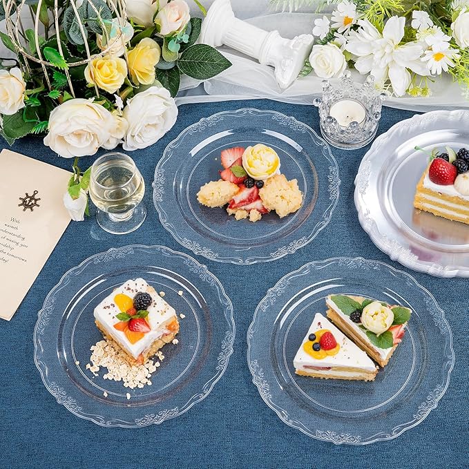 DaYammi 60PCS Clear Plastic Plates Heavy Duty Clear Disposable Plates 7.5” Fancy Dessert Plates Small Cake Plates Appetizer Platos Hard Round Plastic Platos Disposable for Wedding and Party