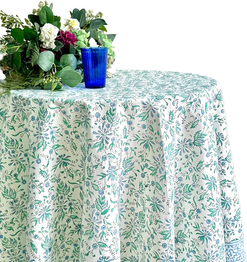 ATOSII Aster Blue 100% Cotton Round Tablecloth, Handblock Print Floral Table Cloth for Kitchen Dining Linen I Parties, Weddings, Outdoors, Easter, Spring Summer Decor I 72" Inches Round
