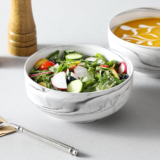 MALACASA Large Soup Bowls Set, 44 OZ (7") Salad Bowl Cereal Bowl Set of 2,Marble Grey Ceramic Bowls for Kitchen, Dishwasher & Microwave Safe, Series REGULAR