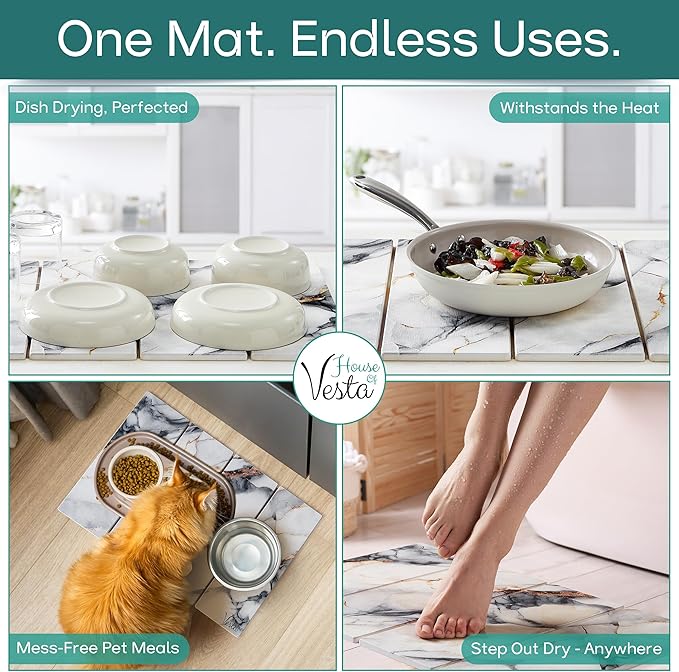 Stone Drying Mat For Kitchen Counter, Diatomaceous Stone Dish Drying Mat For Kitchen - Quick Drying Dish Mat - Water Absorbing Stone Tray, Foldable, Eco-Friendly, White Marble Color (23.5 x 15.4")