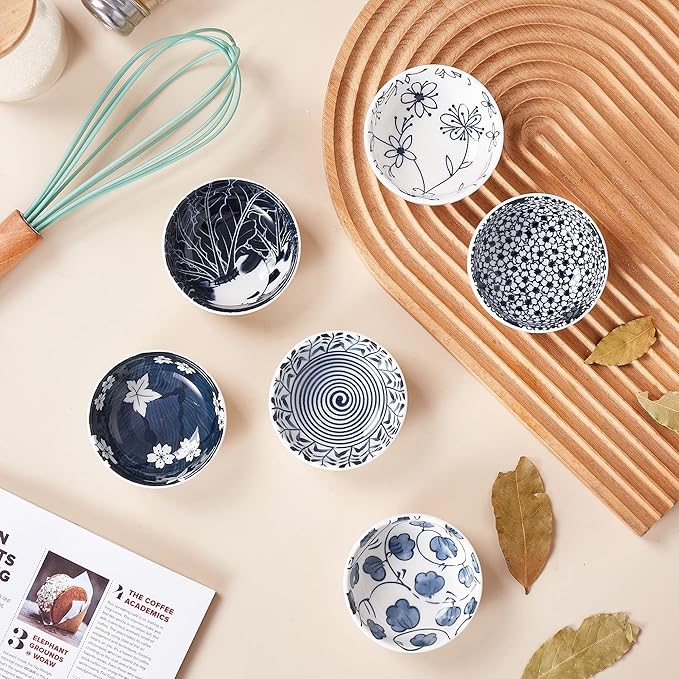 Japanese Style Ceramic Dipping Bowls,3'' Small Pinch Bowls Set Side Sauce Cups,Dishes for Sushi,Snack and Soy,BBQ,2.5 Oz Blue and White Mini Bowl for Kitchen Prep - Set of 6 (3 inch)