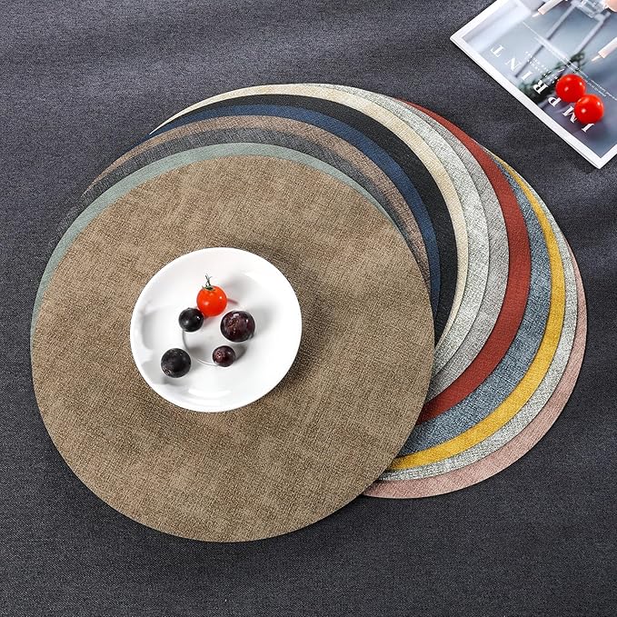 Myir JUN Round Placemats Dual Sided, Faux Leather Place Mats Set of 4 Indoor for Dining Table Outdoor Non-Slip Washable Table Mats (Set of 4, Gray Sage Green)