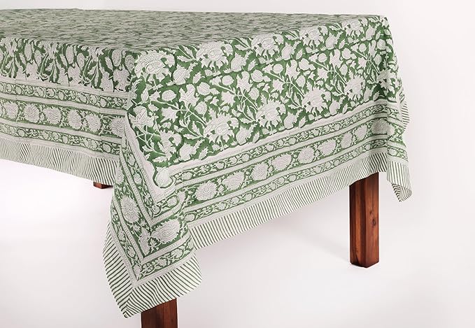 ATOSII Meraki Green 100% Cotton Fall Tablecloth, Handblock Print Rectangle Table Cover for Kitchen Dining Linen I Parties, Thanksgiving, Christmas, Wedding, Table Cloth I 72 X 140 Inches I 12 Seater