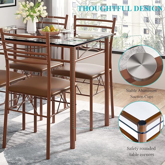 VECELO Dining Table Set for 4, 5-Piece Glass Kitchen Table with Upholstered Padded Chairs for Small Space, Breakfast Nook, Space-Saving, Vintage Brown