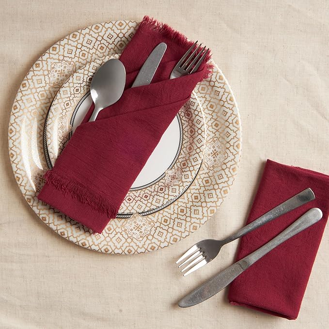 ACCENTHOME Burgundy Cotton Linen Napkin Set of 12 18x18 inch Dinner Napkins - Washable Soft Premium Hotel Quality Reusable Hemmed Edges Napkins Perfect Table Linens for Family Dinners, Weddings