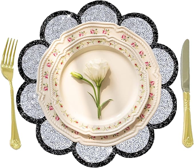 Washable Waterproof Diamond Circle Placemats for Round Tablescape Decor for Dinner and Kitchen Bling Placemats for Weddings & Special Events -2 PCS (Silver and Black)