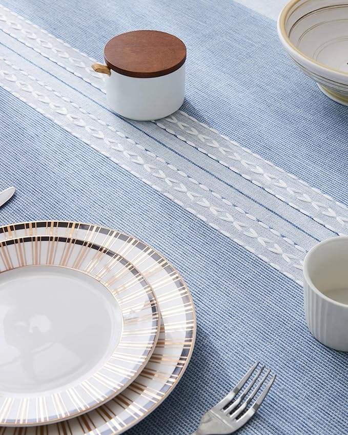 ZeeMart Contrast Linen Table Cloth Square Table Cloths 52x52 Inch Mid-Stripe Blue, Farmhouse Style Heavy Weight Dusty Blue Tablecloth, Water Resistant Burlap Tablecloths