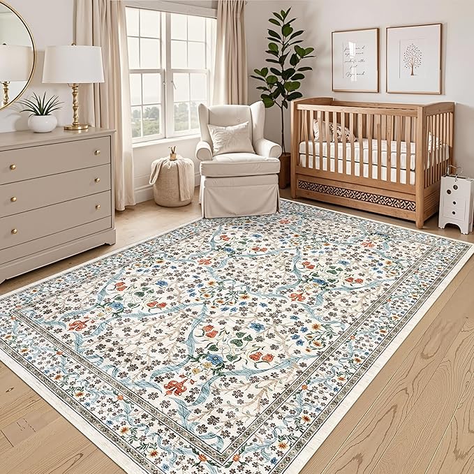 GarveeHome Floral Area Rugs 5x7, Washable Rug for Living Room, Bedroom, Low Pile Non Slip Stain Resistance Indoor Boho Carpet Mat for Farmhouse, Dining Room, Office, Beige