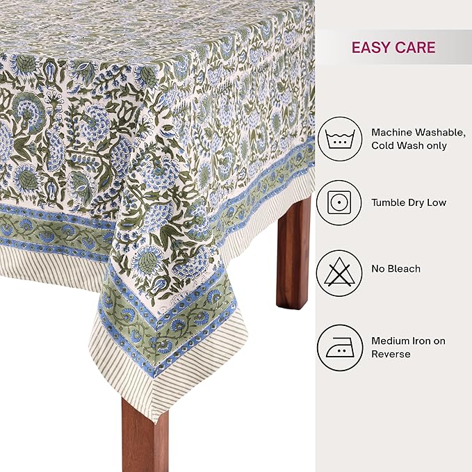 ATOSII Clover Blue 100% Cotton Rectangle Tablecloth, Handblock Floral Print Linen Table Cloth for Kitchen Dining I Parties, Outdoors, Fall Christmas Thanksgiving Holidays I 72 X 108 Inches I 8 Seater