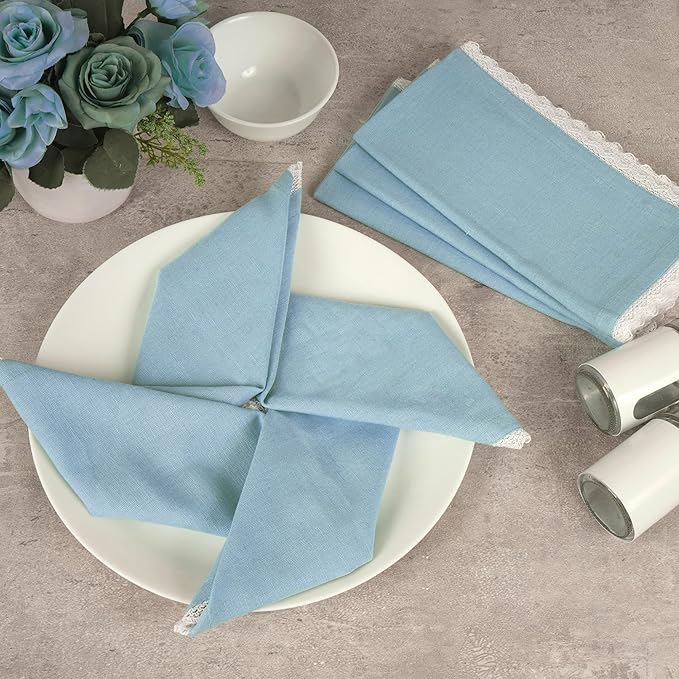 FINGERCRAFT Dinner Cloth Napkin Cotton Linen Blend 4 Pack Mitered Corners with Elegant Lace for Everyday Use Napkins are Pre Shrunk and Good Absorbency Sky Blue