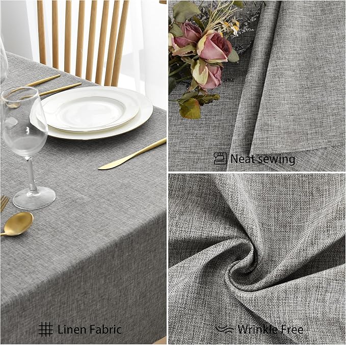 JIUZHEN Rectangle Table Cloth Faux Linen Farmhouse Tablecloth Wrinkle and Stain Resistant Decorative Fabric Table Cover for Kitchen, Dining Room, Parties and Camping, Grey, 52 x 70 Inch