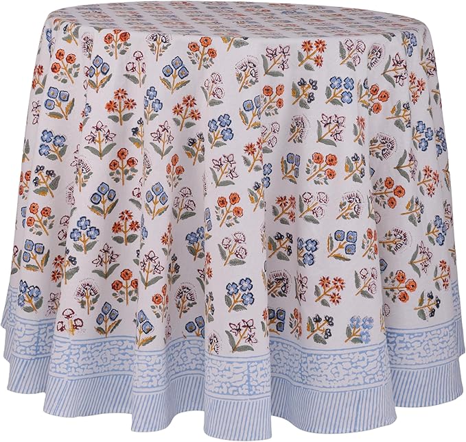 ATOSII Flora Bloom 100% Cotton Fall Round Tablecloth, Handblock Print Floral Table Cloth for Kitchen Dining Linen I Thanksgiving, Christmas, Weddings, Outdoors, Parties I 72" Inches Diameter