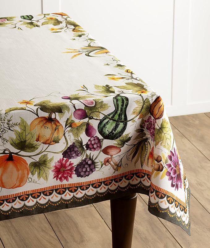 Maison d' Hermine Table Cloth Rectangle Table 100% Cotton 70 x 90 Inches Fall Tablecloth Reusable Everyday Use for Thanksgiving Christmas Decorations Dining Farmhouse (Pumpkin Garden - Cloudy Cream)