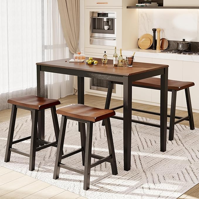 PHI VILLA Kitchen Table with Bench and Chairs, Counter Height Table and Chairs, Solid Wood Small Dining Table Set for 4, High Top Kitchen Table Chairs Set of 4, Walnut with Black