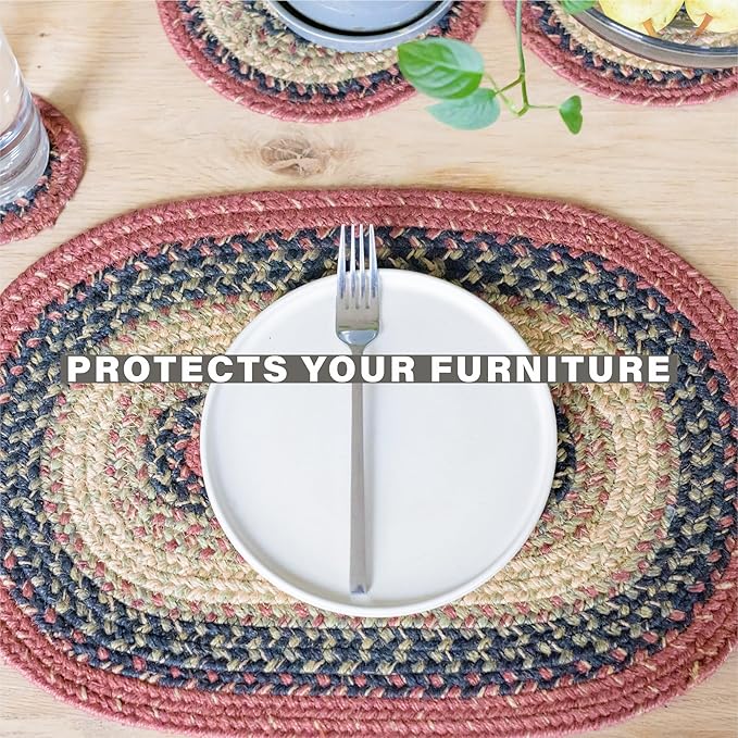 Homespice Highland Jute Braided Oval Placemats, Warm Lodge and Cabin Decor, Set of 6, 13x19 Multicolor Table Mats - Vibrant Colors, Durable, Easy to Clean and Protects Furniture