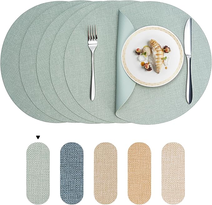 Round Wipeable Placemats Set of 4 – Faux Leather Round Table Mats, Waterproof & Washable Vinyl Placemats, Circle Design for Dining Table Decor– Sage Green