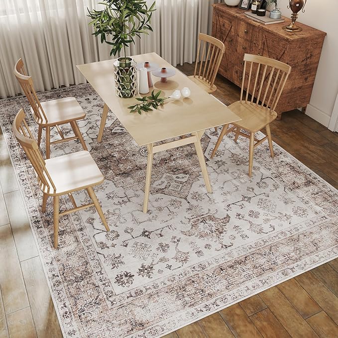 HOMCOM Washable Area Rug, 8'x10' Vintage Indoor Distressed Carpet, Retro Floor Cover Foldable, Floral Print Mat for Living Room, Bedroom, Dining Room, Tan