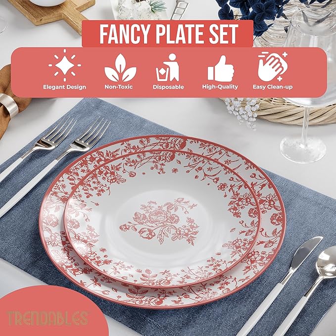 Trendables Disposable Plates For Party Supplies | Pink Floral Plastic Plates For Wedding 40 Pcs - 20 X 8 & 20 X 10 Dinner Plate Sets | Floral Plate Set Disposable Plastic Dinnerware Sets