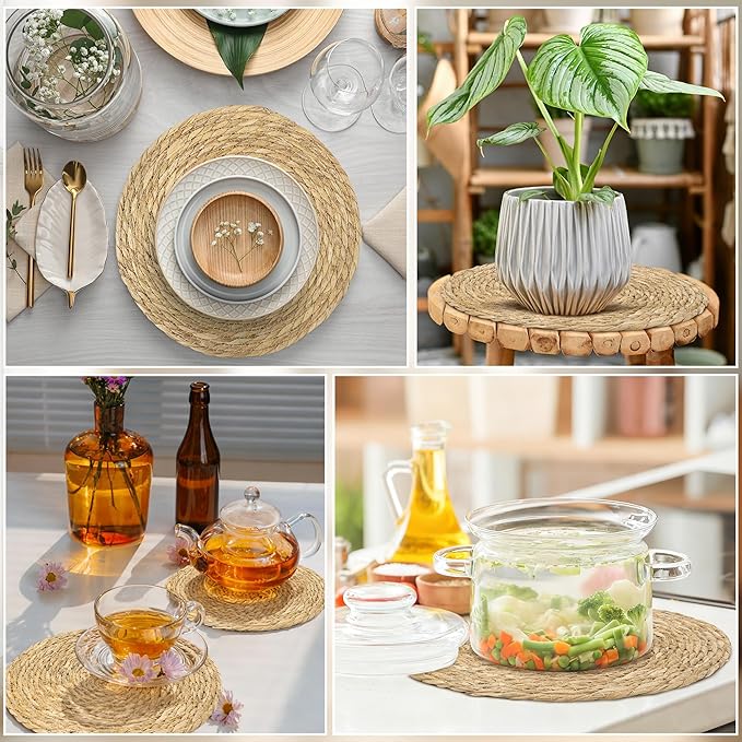 Elcoho 20 Pieces Round Woven Placemats 12 Inch Boho Rattan Placemats Farmhouse Braided Place Mats Woven Plate Chargers Rustic Wicker Table Mats for Dining Table