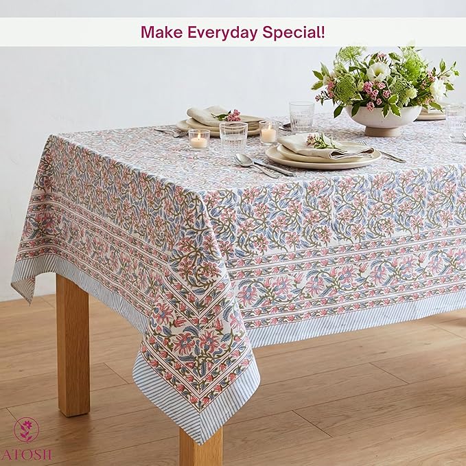 ATOSII Kalina 100% Cotton Rectangle Tablecloth, Handblock Floral Linen Table Cloth for Kitchen Dining Table I Parties Wedding Outdoors I Home Decor 60 X 90 Inches