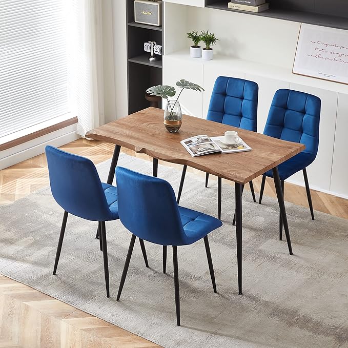 Rectangular Dining Table Set with Upholstered Chairs - Modern Kitchen Table and Chairs Set of 4 for Small Spaces - Blue