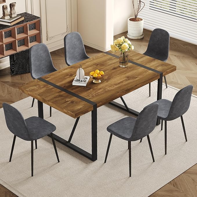 Dining Table Set for 6, Modern 71'' Dark Wood Dining Table and Fabric Dining Chairs Set of 6,Table and Chairs Set of 6,Ideal for Kitchen Dining Room