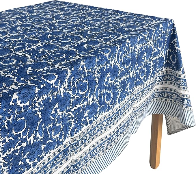 ATOSII Paradise Blue 100% Cotton Rectangle Summer Tablecloth, Handblock Floral Print Linen Table Cloth for Kitchen Dining I Parties, Weddings, Outdoors, 60 X 108 Inches I 8 Seater