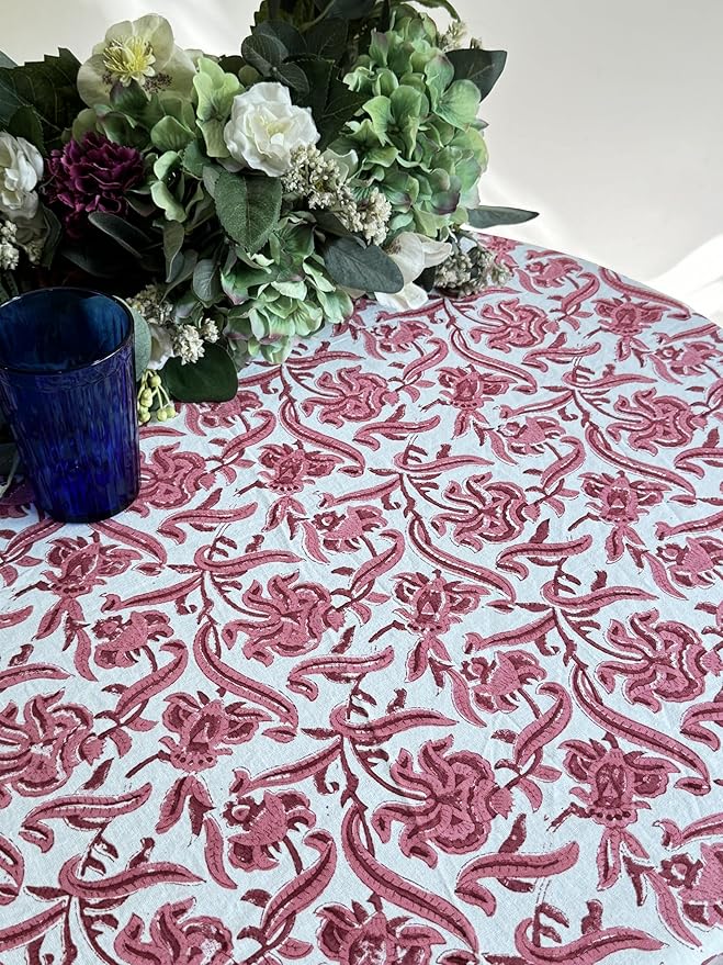 ATOSII Red Bloom 100% Cotton Round Tablecloth, Handblock Print Floral Table Cloth for Kitchen Dining Linen I Parties, Weddings, Outdoors, Easter, Thanksgiving I Fall Home Decor 72" Inches Round