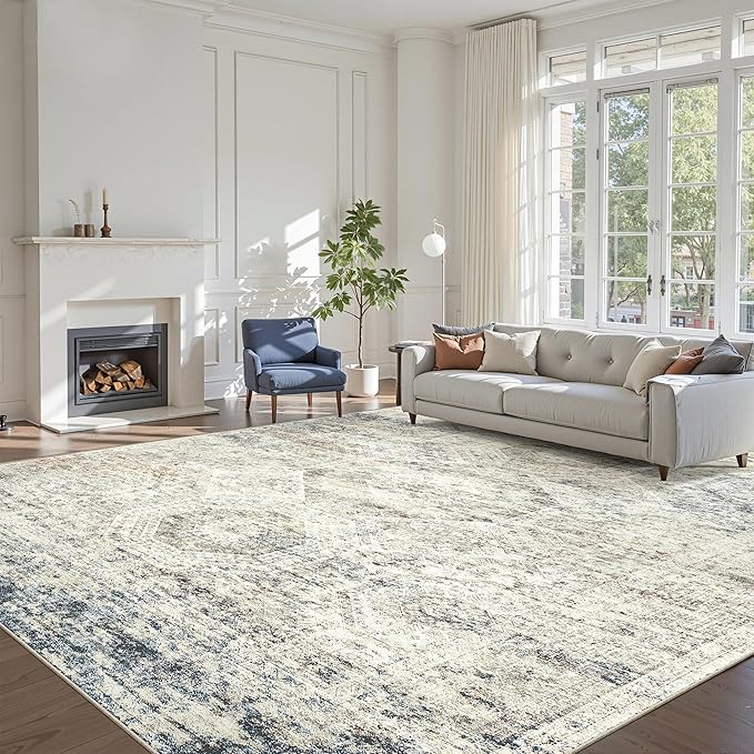 10x14 Area Rugs for Living Room, Non Slip Machine Washable Vintage Rugs, Low Pile Lightweight Large Rug for Bedroom, Dining Room, Home Office Blue Ivory