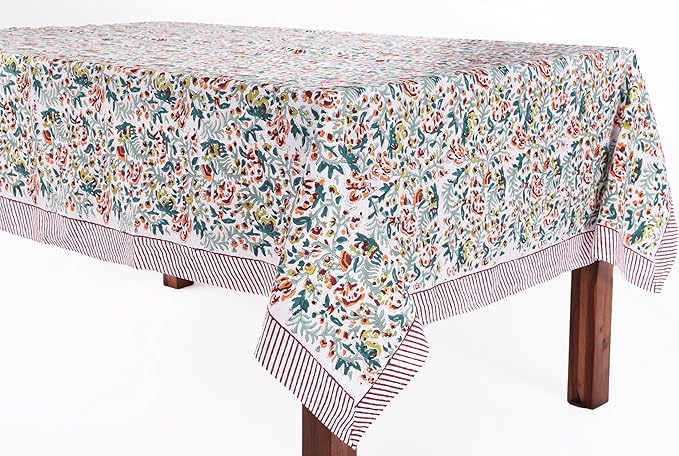 ATOSII Ambrosia Green 100% Cotton Rectangle Fall Tablecloth, Handblock Floral Print Linen Table Cloth for Kitchen Dining I Weddings, Outdoors, Christmas, Thanksgiving 60 X 108 Inches I 8 Seater
