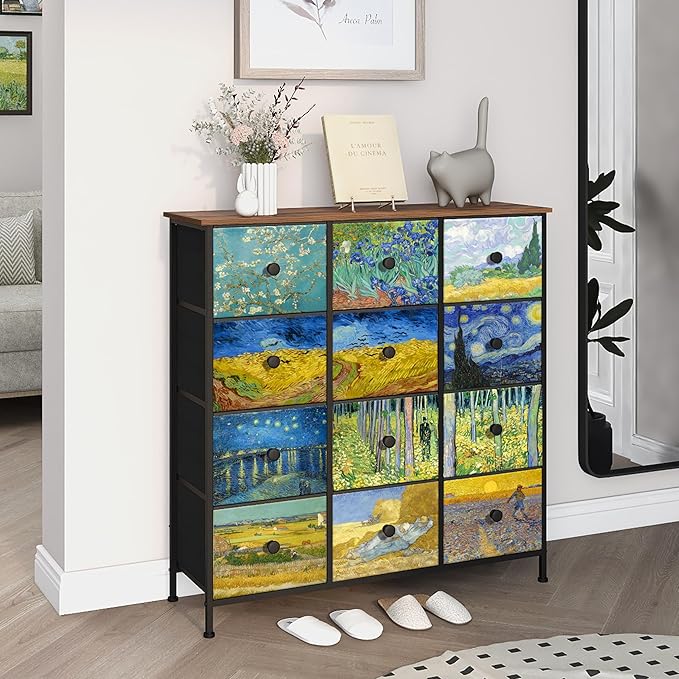 EXOTICA Dresser for Bedroom with 12 Drawers Tall Dresser & Chest of Drawers Fabric Dressers Storage Tower for Living Room Closet Hallway with Wooden Top and Metal Frame
