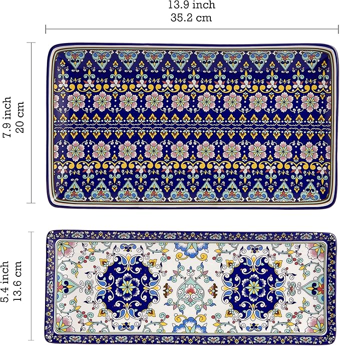 Bico Mandala Kaleidoscope Ceramic 14 inch Rectangular Serving Platter, Set of 2, for Serving Salad, Pasta, Cheese, Ham, Appetizer, Microwave & Dishwasher Safe