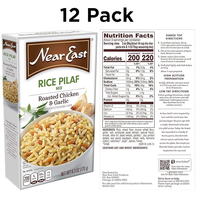 Near East Rice Pilaf Mix, Roasted Chicken & Garlic, 6.3oz Boxes (12 Pack)