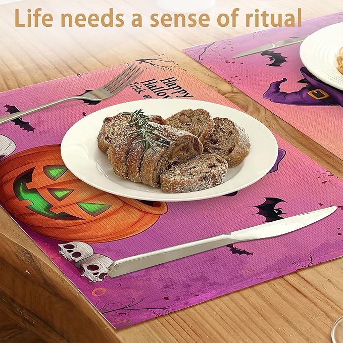 Halloween Pumpkin Placemats Set of 6,Trick or Treat Placemats Washable Kitchen Dining Linen Table Mats Stain Heat-Resistant for Home Party Indoor 12x18 inch