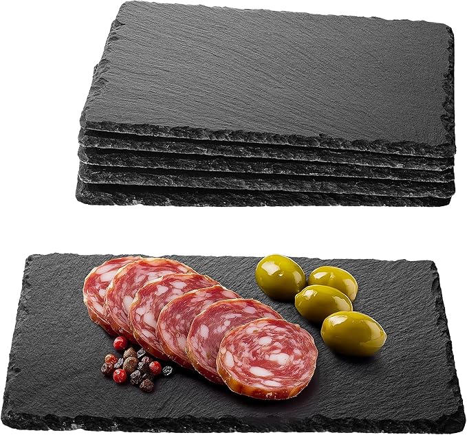 Navaris Slate Plates - Food Contact Safe Black Stone Plates - Cheese Platter Charcuterie Boards Serving Plates - Stone Slab Plate Cheese Board - Set of 6-9.1 x 5.9 (23 x 15cm)