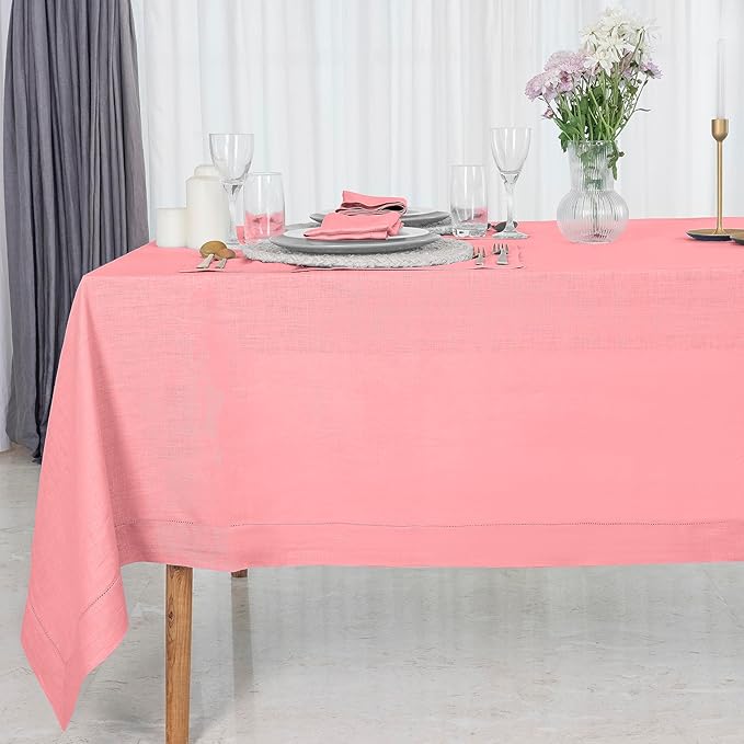 D'Moksha Homes Dusty Pink Linen Tablecloth 60 x 108 Inch - 100% Pure Linen Pink Table Cloth for Rectangle Tables - Classic Hemstitch, Machine Washable Tablecloth for Valentines, Spring, Easter