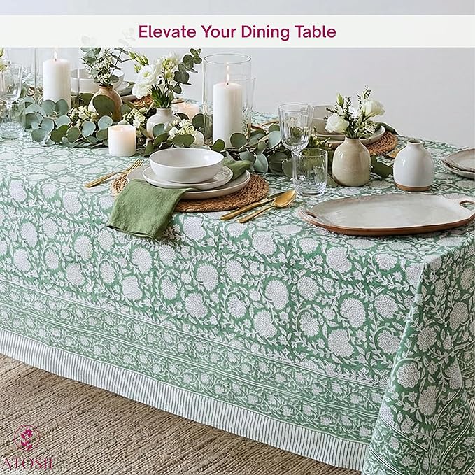 ATOSII Shalimar Green 100% Cotton Spring Summer Tablecloth, Handblock Print Rectangle Table Cover for Dining, Parties, Wedding, Outdoors, Easter Table Cloth I 72 X 140 Inches I 12 Seater