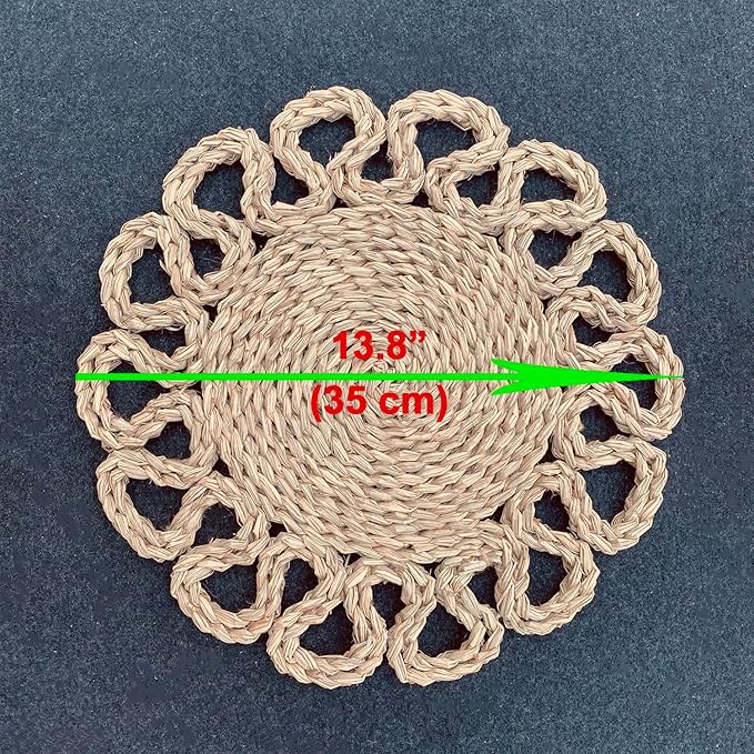 13.8" Set of 12 Round Seagrass Placemats | Boho Woven Rattan Table Mats | Farmhouse Wicker Spring Plate Chargers Like Water Hyacinth, Seagrass for Wedding, Party, Christmas, Events