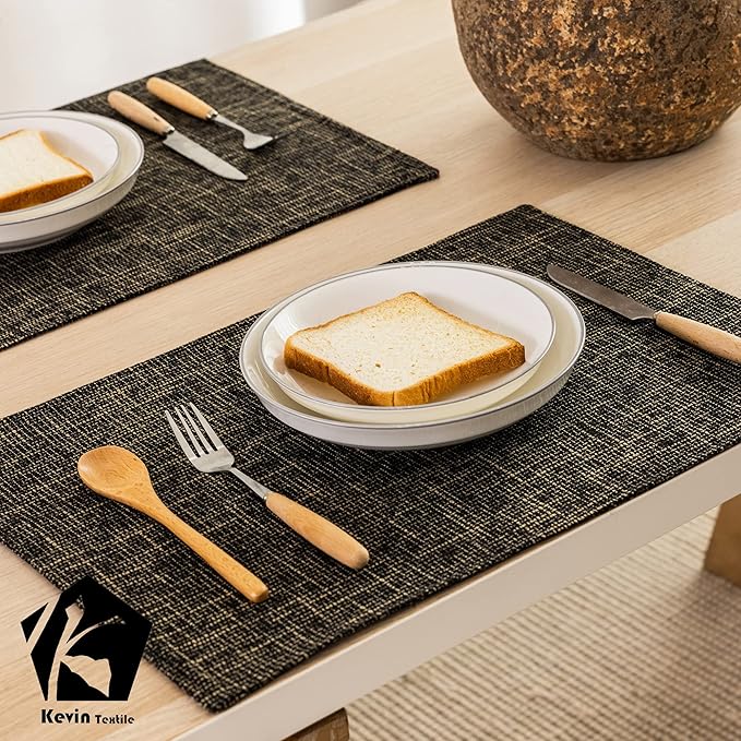 Placemats by Kevin Textile Set of 4 Heat Resistant Dining Table Place Mats Kitchen Table Mats, 13" x 19", Black Gold