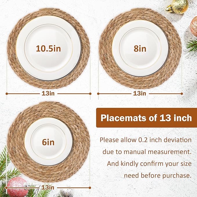 GENMOUS Woven Placemats Set of 12, 13" Round Placemats Natural Water Hyacinth Boho Placemats,Farmhouse Rattan Chargers for Dinner Plates,Rustic Braided Wicker Table Mats for Dining Table,Home,Wedding