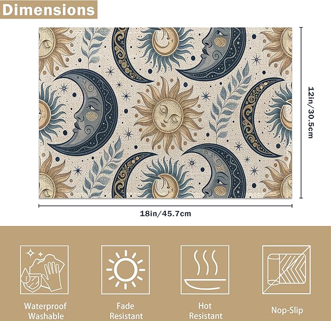 Sun Moon Stars Placemats, Boho Celestial Placemats 12x18 Inch Waterproof Non-Slip Washable Table Mats for Kitchen Dining Party Table Decor,Set of 6