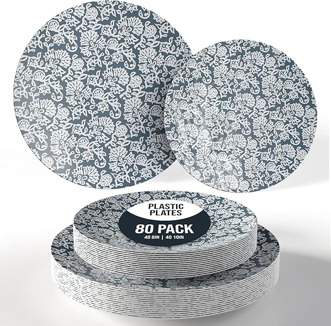 Trendables Disposable Dinnerware Decorative Plates Plastic Disposable Plates Set For 40 Guests 40 x 8 Inch Dessert Plate & 40 x 10 Inch Wedding Party Plate Set Garden Damask