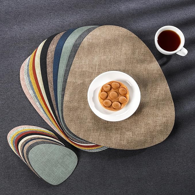 Placemats and Coasters, Washable Reversible Placemats Round Faux Leather Wipeable Place Mats Non Slip Heat Resistant Indoor Outdoor Table Mats (Set of 4, Gray Brown)