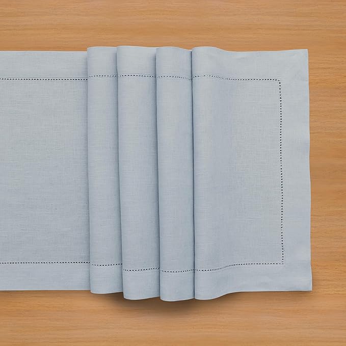 Solino Home Linen Dusty Blue Table Runner 72 Inches Long - 100% Pure Linen Hemstitch Table Runner 14 x 72 Inch for Dresser, Dining, Winter, Spring, Easter - Classic Hemstitch