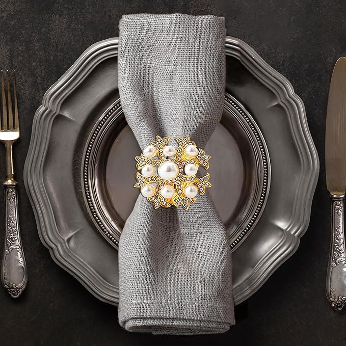 Decozen Set of 4 Gold Napkin Rings with Pearl Design, Festive, Table Decor Setting for Holiday, Wedding, Birthday, Kitchen, Home Decor, Housewarming Gift - Thanksgiving & Christmas Gift Decoration